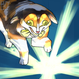 all_fours bell bow_tie ears_down exotropia female feral happy light light_beam light_source looking_down pivoted_ears solo toony valken_holmes spleens_(graystillplays) calico_cat domestic_cat felid feline felis mammal dated hi_res meme unfinished watermark