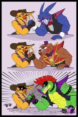 abs alternate_costume alternate_universe anthro arm_wrestling armband beak bracelet breasts clenched_teeth clothing collar cowboy_hat cracks duo ear_piercing ellipsis eye_contact eyewear fangs female g_clef grin hat headgear headwear jewelry looking_at_another male muscular muscular_female muscular_male musical_clef musical_note musical_symbol non-mammal_breasts piercing scratch_mark scratches smile sparkles sparkling_eyes spiked_armband spiked_bracelet spiked_collar spikes struggling sunglasses symbol teeth toothed_beak top_hat vein veiny_muscles wide_eyed devilchicky210 do_you_even_lift five_nights_at_freddy's five_nights_at_freddy's:_security_breach freddy_fazbear's_pizzeria_simulator scottgames steel_wool_studios montgomery_gator rockstar_bonnie_(fnaf) rockstar_chica_(fnaf) rockstar_freddy_(fnaf) alligator alligatorid avian bear bird chicken crocodilian galliform lagomorph leporid mammal phasianid rabbit reptile scalie 2:3 colored comic crossover hi_res meme