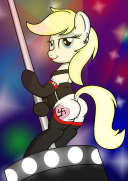 armband boots butt clothing corset cross dancing ear_piercing female feral footwear heart_symbol iron_cross lamp laser lingerie makeup nazi piercing pole pole_dancing shoes smile solo star strip_club stripper swastika topwear pananovich hasbro my_little_pony aryanne_(character) fan_character earth_pony equid equine horse mammal pony absurd_res hi_res