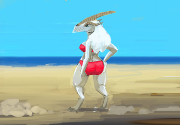 anthro beach bikini breasts clothing digitigrade female hair horn looking_at_viewer looking_back non-mammal_breasts sand sea solo standing swimwear two-piece_swimsuit water white_hair meandraco teraurge shyni_(teraurge) 2023 digital_media_(artwork) hi_res