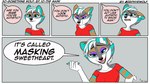 16:9 4_panel_comic ableism anthro autism canid cheek_tuft clothing dialogue dialogue_box ears_back english_text eyelashes facial_tuft fangs female fur green_highlights green_pawpads grey_background hair half-closed_eyes hi_res highlights_(coloring) inner_ear_fluff mammal multicolored_body multicolored_fur narrowed_eyes offscreen_character open_mouth open_smile pawpads paws pivoted_ears shirt simple_background smile solo sparkledog t-shirt teeth text topwear tuft white_hair wide_eyed widescreen zephyri_q_wolf zephyriwolf