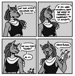 anthro clothing crop_top dialogue female hair holding_object looking_at_object puppet shirt talking_to_viewer text topwear calllynx rain_world videocult coa_(calllynx) ancient_(rain_world) canid canine iterator_(rain_world) mammal 2024 comic english_text greyscale monochrome