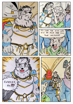 angry anthro barazoku beard bearded belly biceps black_nose blue_carpet blue_clothing blue_topwear bodily_fluids brown_beard brown_eyes brown_facial_hair bulge carpet castle chair clothed clothing comic_panel dialogue facial_hair fur furniture goatee green_clothing green_topwear grey_body grey_fur inside king male manly markings medieval medieval_clothing medieval_fantasy multicolored_body multicolored_fur musclegut muscular muscular_anthro muscular_male mustache royalty speech_bubble stripes sweat sweatdrop text throne throne_room topwear white_clothing yellow_eyes dashthefox nintendo pokemon fan_character arcanine canid canine generation_1_pokemon mammal pokemon_(species) absurd_res comic english_text hi_res traditional_media_(artwork)