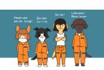 :3 alternate_species anthro black_body black_fur black_hair brown_body brown_fur brown_hair clothing clothing_around_waist crossed_arms eyes_closed female fur furrification grey_body grey_fur group hair jumpsuit looking_at_viewer multicolored_body multicolored_fur orange_jumpsuit shirt simple_background smile standing tan_body tan_fur tank_top text toony topwear two_tone_body two_tone_fur white_body white_fur onikobe_rin girls_und_panzer hoshino_(gup) nakajima_(gup) suzuki_(gup) tsuchiya_(gup) bird_dog border_collie canid canine canis collie domestic_dog herding_dog hunting_dog labrador mammal pastoral_dog pembroke_welsh_corgi retriever saluki sheepdog sighthound welsh_corgi 2016 english_text flat_colors full-length_portrait portrait species_name