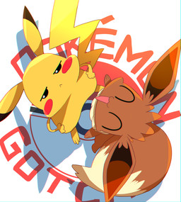 :3 ambiguous_feral ambiguous_gender annoyed big_tail black_eyes cheek_spots dipstick_ears dipstick_tail duo ear_markings featureless_crotch feral frown hands_on_hips happy high-angle_view logo looking_at_viewer looking_up markings multicolored_ears neck_tuft noodle_arms open_mouth open_smile pokeball_symbol puffed_cheeks shadow simple_background smile standing tail tail_markings text toony tuft white_background makotoo nintendo pokemon eevee generation_1_pokemon mammal pikachu pokemon_(species) rodent 2020 chromatic_aberration english_text