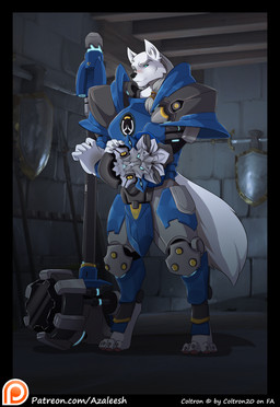 anthro armor barefoot biped blue_eyes cosplay digitigrade feet fur hammer inside male melee_weapon shield solo standing sword text tools weapon white_body white_fur azaleesh blizzard_entertainment overwatch coltron_(coltron20) reinhardt_(overwatch) canid canine canis mammal wolf hi_res url