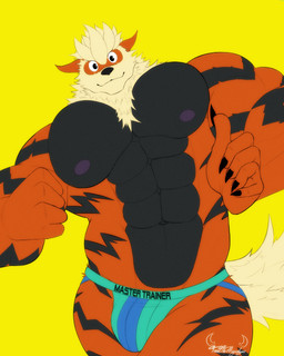 abs anthro areola barazoku big_muscles big_pecs biped black_body black_fur bulge claws clothed clothing finger_claws fingers fist front_view fur humanoid_hands jockstrap jockstrap_only logo looking_at_viewer looking_down male markings muscular muscular_anthro muscular_arms muscular_male navel nipples orange_body orange_fur pecs simple_background smile solo standing striped_markings stripes tail tan_body tan_fur text topless topless_anthro topless_male underwear underwear_only yellow_background terrethemageslayer nintendo pokemon arcanine generation_1_pokemon pokemon_(species) 4:5 artist_logo artist_name colored half-length_portrait hi_res portrait shaded watermark