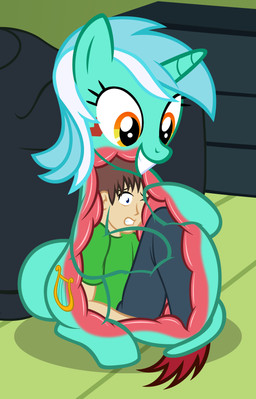 blue_eyes brown_hair clothing cutie_mark duo female feral green_eyes hair horn inside internal male multicolored_hair on_model sitting smile two_tone_hair vore white_hair yellow_eyes badumsquish friendship_is_magic hasbro my_little_pony mythology anon generic_messy_hair_anime_anon lyra_heartstrings_(mlp) equid equine human mammal mythological_creature mythological_equine tatzlpony unicorn 2015 hi_res