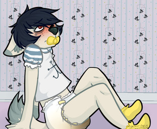 ambiguous_gender anthro blush bodily_fluids clothed clothing detailed_background diaper dipstick_ears dipstick_tail ear_markings feces fur genital_fluids hair markings multicolored_ears object_in_mouth pacifier pacifier_in_mouth scatplay shirt sitting soiled_diaper soiling solo tail tail_markings topwear unclean_diaper urine used_diaper wet_diaper wetting monsterbunny gally_(monsterbunny) canid canine canis domestic_dog mammal 2014 archived_source digital_drawing_(artwork) digital_media_(artwork)