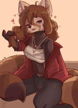anthro blue_eyes brown_body brown_fur brown_hair brown_markings brown_tail clothed clothed_anthro clothed_female clothing female female_anthro fur hair heart_symbol inner_ear_fluff jewelry looking_at_viewer markings necklace open_mouth open_smile simple_background smile solo tail tan_background tuft conditional_dnp tohupo ailurid mammal red_panda 2025 absurd_res digital_drawing_(artwork) digital_media_(artwork) hi_res