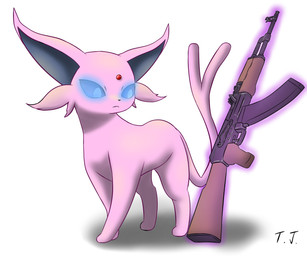 ak-47 ak_platform ambiguous_gender assault_rifle cheek_tuft facial_tuft feral forked_tail fur fur_tuft gun pink_body pink_fur pink_tail quadruped ranged_weapon rifle shadow simple_background solo tail telekinesis tuft unusual_anatomy unusual_tail weapon white_background timur_jachevsko nintendo pokemon eeveelution espeon generation_2_pokemon pokemon_(species) 2026 6:5 absurd_res hi_res