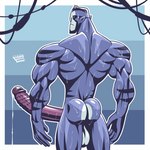 anthro balls big_balls big_muscles big_penis black_stripes blue_body blue_fur bodily_fluids bubble_butt butt dripping fur genital_fluids genitals huge_balls huge_muscles huge_penis humanoid_genitalia humanoid_penis humanoid_pointy_ears hyper hyper_balls hyper_genitalia hyper_muscles hyper_penis male muscular muscular_male penile_spines penis pointy_ears precum precum_drip solo stripes sweat white_balls wolfiecanem ben_10 cartoon_network rook_blonko alien revonnahgander 1:1 hi_res