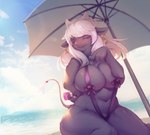 2018 4_fingers anthro areola areola_slip beach big_breasts bikini biped black_body black_fur blush bovid bovine breasts cattle clothed clothing condom curvy_figure digital_media_(artwork) ear_piercing female fingers front_view fur gesture hair hand_gesture hi_res huge_breasts kemono light looking_at_viewer mammal navel one-piece_swimsuit one_eye_closed outside parasol piercing pointing pointing_at_viewer ribbons sea seaside sexual_barrier_device shaded sitting skimpy slightly_chubby sling_bikini solo sunlight swimwear tail tail_tuft thick_thighs tuft voluptuous water white_hair whooo-ya wide_hips wink