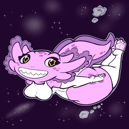 anthro asteroid big_butt breasts butt claws clothing eyelashes feet female floating flying gills grin grinning_at_viewer leotard lightened_soles long_eyelashes markings medium_breasts non-mammal_breasts smile smiling_at_viewer soles solo space spots spotted_face spotted_hips spotted_markings spotted_shoulders spotted_tail swimming tail tail_markings thick_tail thick_thighs toe_claws toes uniform wide_hips haiku_oezu axyla_kos_centauri alien amphibian aquatic axolotl mole_salamander nebulian salamander 1:1