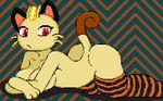 3_fingers anthro anthrofied big_breasts big_butt breast_squish breasts butt clothing crossed_arms female fingers fur legwear looking_at_viewer lying mostly_nude on_front pokemorph red_eyes simple_background solo squish tail thigh_highs thigh_highs_only whiskers wide_hips yellow_body imactuallygarbage nintendo pokemon generation_1_pokemon meowth pokemon_(species) 2024 digital_media_(artwork) pixel_(artwork)