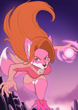 action_pose anthro breasts female fur green_eyes hair inner_ear_fluff pink_body pink_fur pose red_hair solo superhero tuft rodolfoslime image_comics invincible_(image_comics) atom_eve canid canine fox mammal absurd_res hi_res