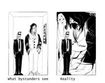 anthro black_and_white classy clothed clothing comparison cramped digital_drawing_(artwork) digital_media_(artwork) disguise duo earpiece elevator english_text hi_res human humanoid humor illusion male mammal monochrome monster multi_eye muscular muscular_male necktie reptile scalie scp-682 scp-682-b scp_foundation styx_nacht_ii suit text the-hydroxian thick_fur trevor_moses