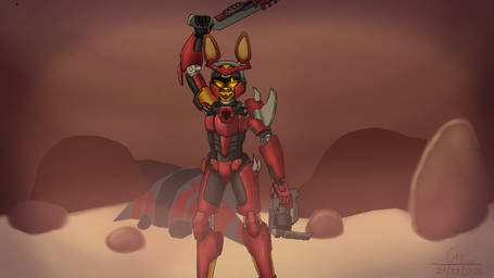 anthro biped front_view ghost_vehicle_(halo) machine male mangler_(weapon) mask mutilator_(weapon) red_body solo standing wasteland wearing_mask cmaster1987 c730_(cmaster1987) canid canine mammal robot absurd_res hi_res