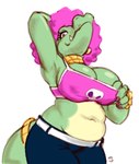 afro anthro belly big_breasts breasts claws clothed clothing clothing_pull countershading eyelashes female hair jewelry looking_at_viewer midriff navel necklace non-mammal_breasts pink_afro pink_hair simple_background slightly_chubby smile solo standing topwear backstreetcrab donkey_kong_(series) nintendo kalypso crocodilian reptile scalie digital_media_(artwork) hi_res