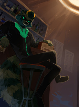 anthro beverage black_body black_bottomwear black_clothing black_fur black_hair black_jacket black_pants black_sclera black_topwear blonde_hair bottle bottomwear cheek_tuft clothed clothing container electronics facial_tuft fur glowing glowing_eyes green_clothing green_eyes green_jacket green_topwear grey_body grey_fur grin hair inside jacket leaning leaning_backward looking_at_viewer male pants radio shelf sitting smile solo topwear tuft unsigned corzh77 mammal procyonid raccoon absurd_res hi_res