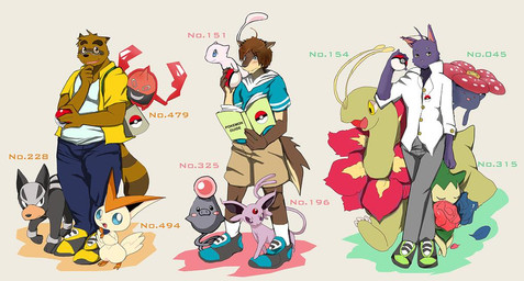 anthro blue_eyes blush book bottomwear clothed clothing eyewear feral flower footwear fur glasses group happy holding_object holding_pokeball jacket jewelry legwear looking_at_viewer male necklace open_mouth pants plant pokeball pokeball_clothing shoes shorts simple_background smile socks standard_pokeball topwear white_background unknown_artist morenatsu nintendo pokemon shin_kuroi shun_kodori canid canine canis domestic_cat eeveelution elemental_creature espeon felid feline felis flora_fauna flower_creature generation_1_pokemon generation_2_pokemon legendary_pokemon mammal mew_(pokemon) pokemon_(species) vileplume wolf compression_artifacts crossover digital_media_(artwork) source_request