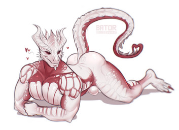 anthro butt genitals heart_eyes heart_symbol horn looking_at_viewer lying male muscular muscular_arms muscular_legs muscular_male nude on_front pecs penis raised_tail red_eyes scales simple_background solo tail white_body white_scales bator_exe baldur's_gate baldur's_gate_3 dungeons_and_dragons hasbro larian_studios wizards_of_the_coast the_dark_urge_(baldur's_gate) dragonborn_(dnd) scalie absurd_res hi_res