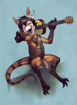 acoustic_guitar anthro balls flaccid genitals gesture guitar hand_gesture horn humanoid_genitalia humanoid_penis looking_at_viewer male musical_instrument non-mammal_balls non-mammal_foreskin nude open_mouth penis plucked_string_instrument pointing pointing_at_viewer solo string_instrument korichi kobold scalie hi_res