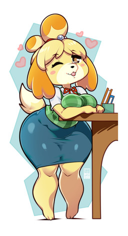 anthro big_breasts biped black_nose blep blonde_hair blue_bottomwear blue_clothing blue_skirt blush blush_stickers book bottomwear breasts brown_eyes clothed clothed_anthro clothed_female clothing desk female fur furniture green_clothing green_topwear green_vest hair heart_symbol looking_at_viewer one_eye_closed paws pink_blush pink_hearts pink_tongue red_bow shortstack shortstack_female skirt snout solo table tail thick_thighs tied_hair tight_bottomwear tight_clothing tight_skirt tongue tongue_out topwear vest white_dress_shirt wink winking_at_viewer yellow_arms yellow_body yellow_fur yellow_legs yellow_paws bayeuxman animal_crossing nintendo isabelle_(animal_crossing) canid canine canis domestic_dog mammal shih_tzu toy_dog 2026 absurd_res colored digital_drawing_(artwork) digital_media_(artwork) hi_res signature