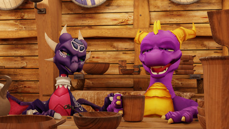 claws container cup dish drinking duo fangs female feral furniture hand_on_shoulder hand_on_table looking_at_another looking_at_object looking_down male multicolored_body open_mouth shield sitting smile table tattoo tavern teeth wings wood dragonaurix activision mythology spyro_the_dragon the_legend_of_spyro cynder spyro dragon mythological_creature mythological_scalie scalie 16:9 4k absurd_res hi_res widescreen