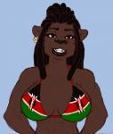 anthro big_breasts bikini black_coded black_hair breasts brown_body brown_eyes brown_fur clothed clothing dark_body dark_fur dreadlocks eyelashes female fur hair kenyan_flag lips looking_at_viewer muscular muscular_anthro muscular_female nationality smile solo swimwear thick_bottom_lip two-piece_swimsuit ungulatr imani_ndegwa felid lion mammal pantherine bust_portrait hi_res portrait