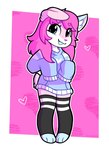 anthro barefoot blue_eyes clothing cute_fangs eyebrows fangs feet female hair heart_symbol inner_ear_fluff open_mouth pink_body pink_eyebrows pink_hair pink_nose smile solo standing sweater teeth topwear tuft jayrnski canid mammal 2021 hi_res