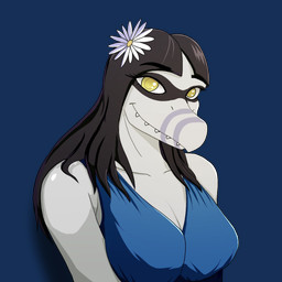 accessory anthro big_breasts biped black_hair blue_clothing blue_dress breasts clothed clothed_anthro clothed_female clothing dress facial_markings female flower flower_in_hair front_view grey_body hair hair_accessory happy head_markings long_hair looking_at_viewer markings mask_(marking) non-mammal_breasts plant shadow sharp_teeth simple_background smile snaggle_teeth solo striped_markings stripes teeth transparent_background white_body yellow_eyes sebek_fereh_ra cavemanon_studios i_wani_hug_that_gator lunara_(iwhtg) bambiraptor dinosaur dromaeosaurid prehistoric_species reptile saurischian scalie theropod 1:1 alpha_channel bust_portrait portrait shaded