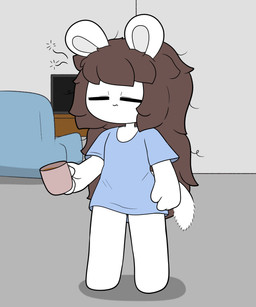anthro blue_clothing blue_shirt blue_topwear brown_hair clothing container cup electronics furniture hair long_hair male messy_hair mug shirt sofa solo tail television tired topwear tonytoran tony_(tonytoran) chinchilla chinchillid mammal rodent 5:6 absurd_res hi_res