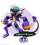 anthro brass_knuckles green_hair hair kerchief male melee_weapon neckerchief neckwear piercing purple_body shoulder_pads solo spade_tail spiked_shoulder_pads spikes tail weapon lbrightbladel bandai_namco digimon digimon_(species) punkmon scalie hi_res