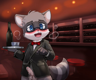 alcohol anthro aroused balls bar bar_stool bartender beverage black_clothing black_eyewear black_glasses black_nose blue_eyes blush bodily_fluids bottle bottomless bow_tie bubble clothed clothing container counter countershading cup detailed_background drinking_glass dripping drunk drunk_bubble erection eyewear foreskin front_view fur fur_tuft furniture genital_fluids genitals glass glass_container glass_cup glasses grey_body grey_ears grey_fur grey_tail head_tuft humanoid_genitalia humanoid_penis inside looking_at_viewer male markings open_mouth open_smile partially_retracted_foreskin penis pink_tongue precum precum_drip precum_on_balls precum_on_penis ring_(marking) ringed_tail serving_tray shot_glass shota smile solo standing stool striped_markings striped_tail stripes substance_intoxication suit_jacket tail tail_markings tongue tray tuft unprofessional_behavior young young_anthro young_male yojoo mammal procyonid raccoon
