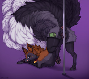animal_genitalia animal_vulva black_body black_claws black_fur black_nose black_pawpads black_tail black_vulva brown_body brown_fur canine_genitalia canine_vulva claws collar dipstick_tail female female_feral feral fur genitals licking licking_lips licking_own_lips looking_at_viewer looking_back markings money multi_tail orange_eyes pawpads pole red_collar solo stripper_pole tail tail_anus tail_markings tongue tongue_out vulva whiskers white_tail_tip a.o.kigahara_(artist) taka_(artist) canid canine fox mammal artist_collaboration hi_res