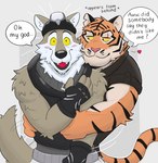 anthro blush duo heart_symbol hug male male/male simple_background speech_bubble text yellow_eyes ruffusbleu epic_games fortnite oscar_(fortnite) wendell_(fortnite) canid canine canis felid mammal pantherine tiger wolf english_text hi_res