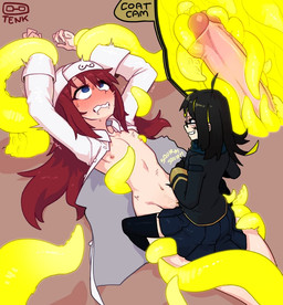 annoyed blue_eyes blush bottomwear bound clothing duo eyewear female female_on_top foreskin genitals glasses legwear male male/female mostly_nude on_top penis pleated_skirt sex skirt submissive submissive_male tentacle_sex tentaclejob tentacles thigh_highs thetenk human humanoid mammal