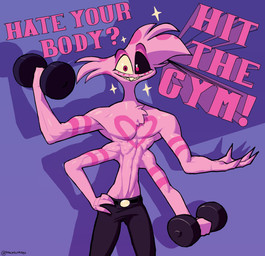 abs anthro biceps chest_tuft claws clothed clothing dumbbell exercise fangs fur gym male multi_arm multi_limb multicolored_body multicolored_fur muscular muscular_anthro muscular_male open_mouth open_smile partially_clothed pecs pink_body pink_eyes pink_fur smile solo teeth tuft two_tone_body two_tone_fur weightlifting weights white_body white_fur workout dracreloaded hazbin_hotel hellaverse angel_dust arachnid arthropod demon spider hi_res