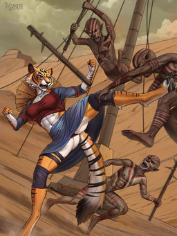 4_toes 5_fingers 5_toes abs anthro athletic athletic_anthro athletic_female athletic_male barefoot big_breasts black_nose black_stripes bottomwear breasts brown_body brown_fur clothed clothed/nude clothed_anthro clothed_female clothing convenient_censorship fangs feet female fight fingers fur group hindpaw humanoid_feet humanoid_hands kick male melee_weapon multicolored_body multicolored_fur navel nipples nude nude_anthro nude_male orange_body orange_fur outdoor_nudity outside paws plantigrade polearm skirt spear striped_body striped_fur stripes teeth toes tongue two_tone_body two_tone_fur upskirt weapon white_body white_fur mansilite dreamworks kenshi kung_fu_panda master_tigress felid mammal pantherine tiger 2024 hi_res signature