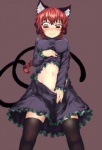 absolute_territory black_clothing black_legwear blush bottomwear bottomwear_pull braided_hair cat_tail clothing clothing_pull female hair legwear long_hair looking_down midriff multi_tail navel pigtails red_eyes red_hair skirt skirt_pull solo tail thigh_highs twin_braids 463_jun touhou rin_kaenbyou animal_humanoid cat_humanoid felid felid_humanoid feline feline_humanoid humanoid mammal mammal_humanoid hi_res