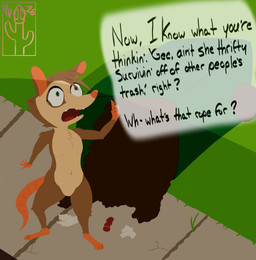 anthro arm_tuft brown_body chest_tuft day detailed_background dialogue female fur grass green_eyes knee_tuft leg_tuft looking_up multicolored_body navel negotiation nude open_mouth outside pavement plant shadow shoulder_tuft sidewalk solo speech_bubble suggestive_dialogue tail teeth text trash trash_can tuft two_tone_body pricklypastor_(artist) alma_(pricklypastor) american_opossum mammal marsupial 2026 digital_drawing_(artwork) digital_media_(artwork) english_text hi_res signature