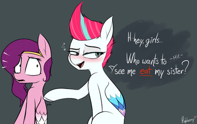 blush bubble dialogue drunk drunk_bubble duo eyebrows feathered_wings feathers female feral freckles frown fur grey_background hair imminent_vore multicolored_hair open_mouth open_smile poking shocked simple_background smile substance_intoxication text wings mulbmerl hasbro mlp_g5 my_little_pony mythology pipp_petals_(mlp) zipp_storm_(mlp) equid equine horse mammal mythological_creature mythological_equine pegasus pony 2021 english_text sibling_(lore) sister_(lore) sisters_(lore)