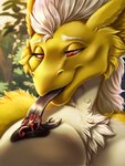 anthro breast_lick breast_play breasts duo female fur licking macro male male/female micro nipples non-mammal_breasts nude red_eyes tongue yellow_body yellow_fur dead.akira mythology silowyi dragon mythological_creature mythological_scalie reptile scalie snake 3:4 hi_res