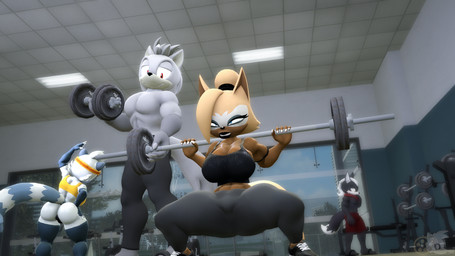 anthro black_body black_fur black_lipstick blue_body blue_fur bottomwear breasts brown_body brown_skin clothed clothing duo female female_anthro fur grey_body grey_fur gym inside lifting_dumbbell lipstick looking_at_another looking_forward makeup male male/female male_anthro muscular muscular_male pants public red_clothing shirt sport sportswear tan_body tan_fur topwear training white_body white_fur juicyducksfm idw_publishing sega sonic_the_hedgehog_(comics) sonic_the_hedgehog_(idw) sonic_the_hedgehog_(series) adam_(juicyducksfm) fan_character hunter_(mrfrenchyjackal) tangle_the_lemur whisper_the_wolf canid canine canis jackal lemur mammal primate ring-tailed_lemur strepsirrhine wolf 16:9 3d_(artwork) digital_media_(artwork) hi_res source_filmmaker_(artwork) widescreen
