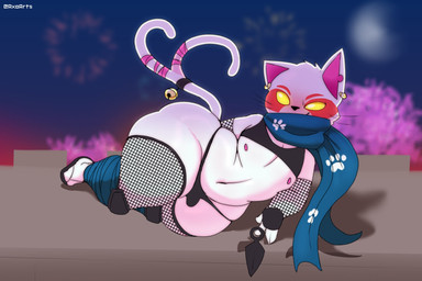 2_tails 4_fingers accessory anthro arm_warmers armwear bell_tailband big_butt black_clothing black_crop_top black_gloves black_handwear black_nose black_shirt black_tailband black_thong black_topwear black_underwear blue_scarf bottom_heavy bulge butt clothing crop_top ear_piercing facial_markings femboy fingerless_gloves fingers fireworks fishnet_arm_warmers fishnet_armwear fishnet_clothing fishnet_legwear footwear front_view fur furgonomics genitals gloves gold_piercing hair handwear head_markings kunai legwear looking_at_viewer lying male markings micropenis multi_tail multicolored_scarf night nipples notched_ear on_side penis piercing pink_nipples red_markings scarf shirt shoes shortstack shortstack_male slippers small_penis solo tail tail_accessory tailband thick_thighs thong topwear two_tone_scarf underwear weapon whiskers white_body white_ears white_fur white_hair white_scarf wide_hips yellow_eyes axoarts epic_games fortnite nyanja_(fortnite) domestic_cat felid feline felis mammal 2025 digital_media_(artwork) english_description hi_res