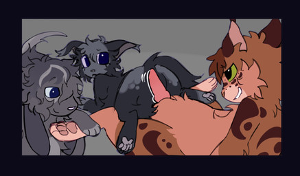 :< ambiguous_gender animal_genitalia animal_penis blue_eyes brown_body brown_fur feral feral_on_feral fur genitals green_sclera grey_background grey_body grey_fur group knot knotted_penis male male/ambiguous mismatched_animal_penis mismatched_genitalia mismatched_penis penis pink_penis simple_background trio littleperrito warriors_(book_series) fan_character domestic_cat felid feline felis lagomorph leporid mammal rabbit 2026 hi_res