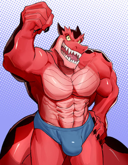 5_fingers abs anthro anthrofied bulge claws clothed clothing detailed_bulge finger_claws fingers fist halftone_background hand_on_hip hand_on_own_hip looking_at_viewer male muscular muscular_anthro muscular_male open_mouth pattern_background pecs raised_fist raised_hand red_body sharp_teeth simple_background solo teeth underwear underwear_only soonico marvel moon_girl_and_devil_dinosaur devil_dinosaur_(moon_girl_and_devil_dinosaur) dinosaur prehistoric_species reptile saurischian scalie theropod halftone