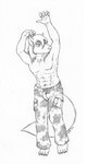 abs anthro barefoot biped bottomwear cheek_tuft claws clothed clothing eyebrows facial_tuft feet front_view hair looking_aside male muscular muscular_anthro muscular_male navel pants pecs pose solo standing toe_claws topless topless_male tuft coyotek canid canine canis jackal mammal 2010 black_and_white hi_res line_art monochrome