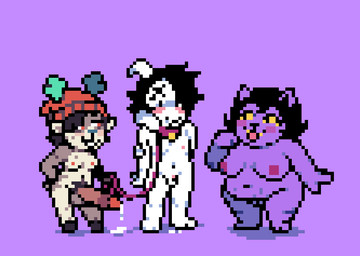 anthro beanie belly big_breasts big_penis black_hair blush bodily_fluids breasts clothing collar cum cum_drip dominant dominant_female dripping emo_haircut female femboy genital_fluids genitals group gynomorph hair hat headgear headwear humiliation intersex larger_male leash leashed_collar male male/female penis penis_humiliation pubes size_difference slightly_chubby small_breasts small_penis smaller_female tongue tongue_out trio dracozhilla deltarune undertale undertale_(series) asriel_dreemurr boyband_asriel catty_cattenheimer dess_holiday deer domestic_cat felid feline felis mammal digital_media_(artwork) pixel_(artwork) trans_(lore) trans_woman_(lore)